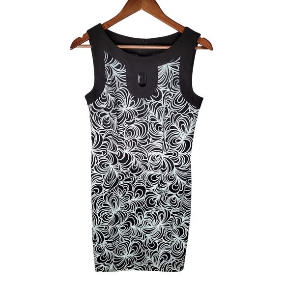 Connected Apparel Size 6 Black Mint Green‎ Swirl Keyhole Midi Sheath Dress - Picture 3 of 5